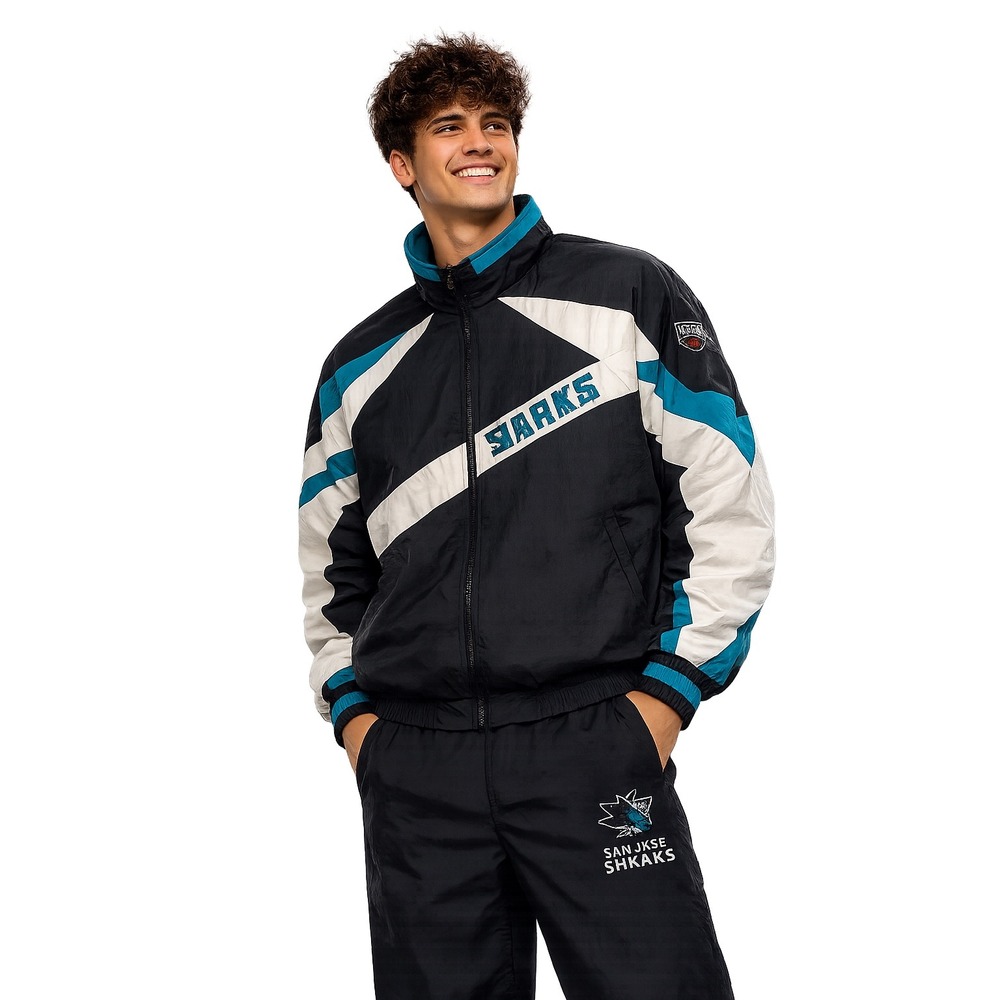 Vintage Pro Player San Jose Sharks NHL Windbreaker Jacket Mens Large Black Teal